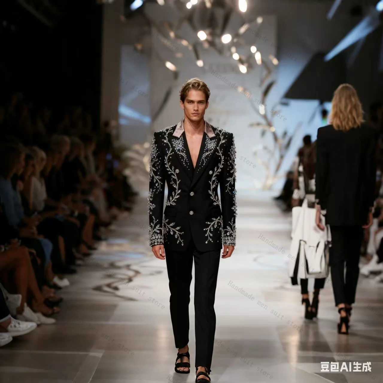 

Glitter Black Men Suit Set 2 Piece Crystals Blazer+Pants Wedding Tuxedos Coat Cotton Customized Formal Office Business Jacket