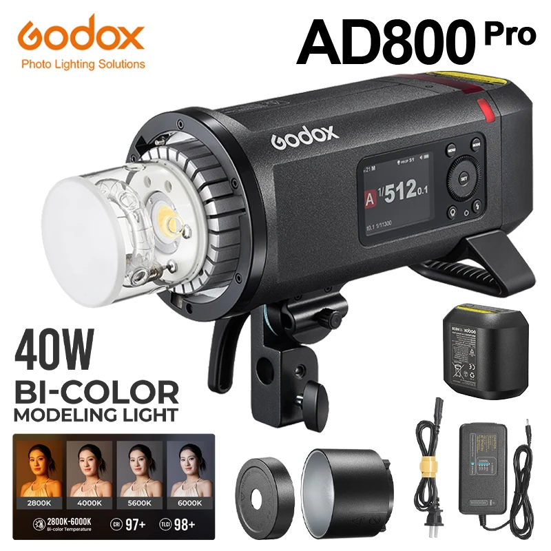 

Godox AD800Pro — универсальный уличный вспышка мощностью 800 Вт с двухцветной лампой 40 Вт для студийной и фотосъемки с временем перезарядки 0,01–1,5 с