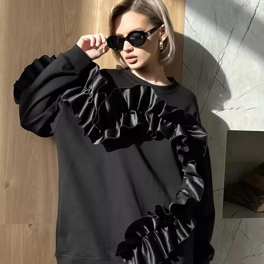 Nowa, uniwersalna, luźna bluza na jesień i zimę 2025 z trójwymiarowymi zdobieniami w stylu retro-chic, ciepła.