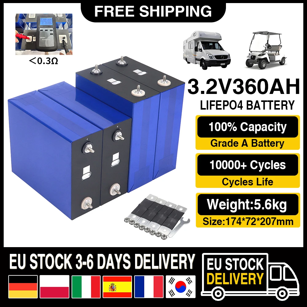Neue 3,2V LiFePO4 Batterie 360Ah Klasse A Wiederaufladbare Zelle 10000 Zyklen DIY 12V 24V 36V 48V für Wohnmobile, Elektrofahrzeuge, Camping, Solarbatterien EU-Lagersteckplatz STEUERFREI