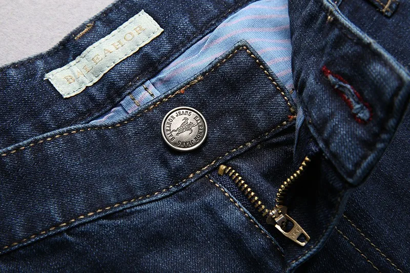 Hochgeschnittene dunkelblaue Stretch-Unterhosen für Männer in Übergröße 52-58, für große und kräftige Personen, Jeanshosen, lange Hosen. – Detail 15