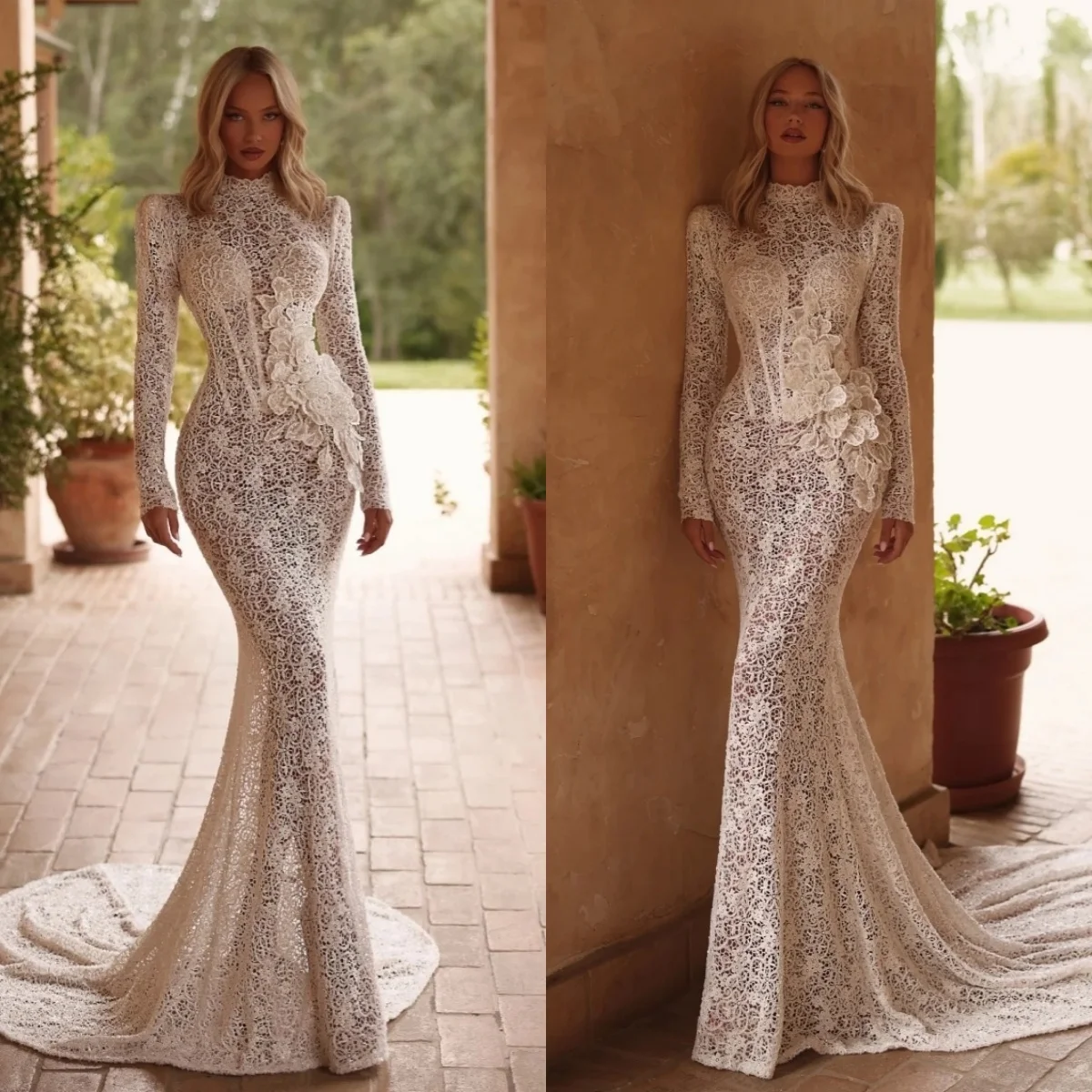 Vintage Brautkleider High Neck Brautkleider Spitze Lange Ärmel Meerjungfrau Prinzessin Sweep Zug Angepasst Vestidos De Novia