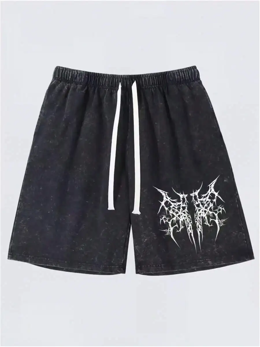 

Black Oversized Cotton Shorts With Distressed Wash And Bold White Graphic Print For Men