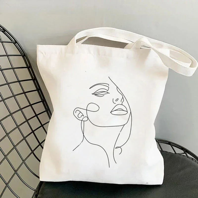 

Harajuku Shopping Canvas Shopper Bag Girl Handbag Tote Shoulder Lady Women Shopper Bag Woman Face Line Drawing Kawaii Bag