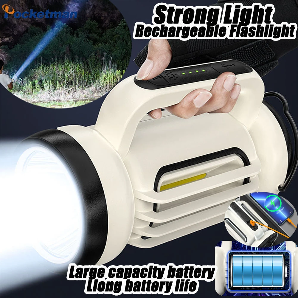 

Powerful LED Strong Searchlight Hand Lamp USB Rechargeable Flashlight Portable Torch with COB Side Light Power Bank Lantern