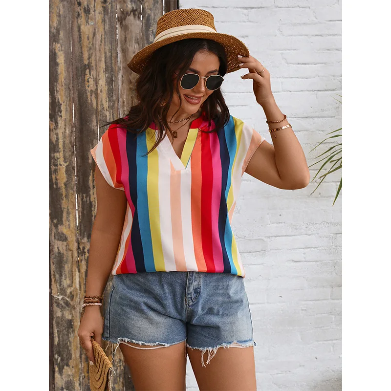 Plus Size Short Sleev Rainbow Color Shirt Top Oversized Women Clothing V Neck Summer Tops