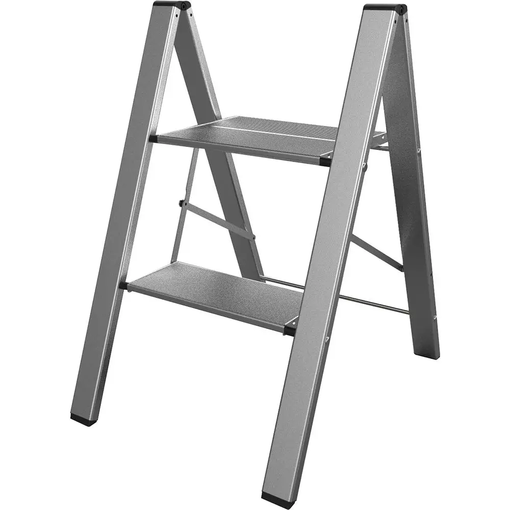 Ultra Slim Aluminum Folding Step Ladder 2 Step Lightweight Compact Utility Stool Safety Locking Non Slip Steps Home Use