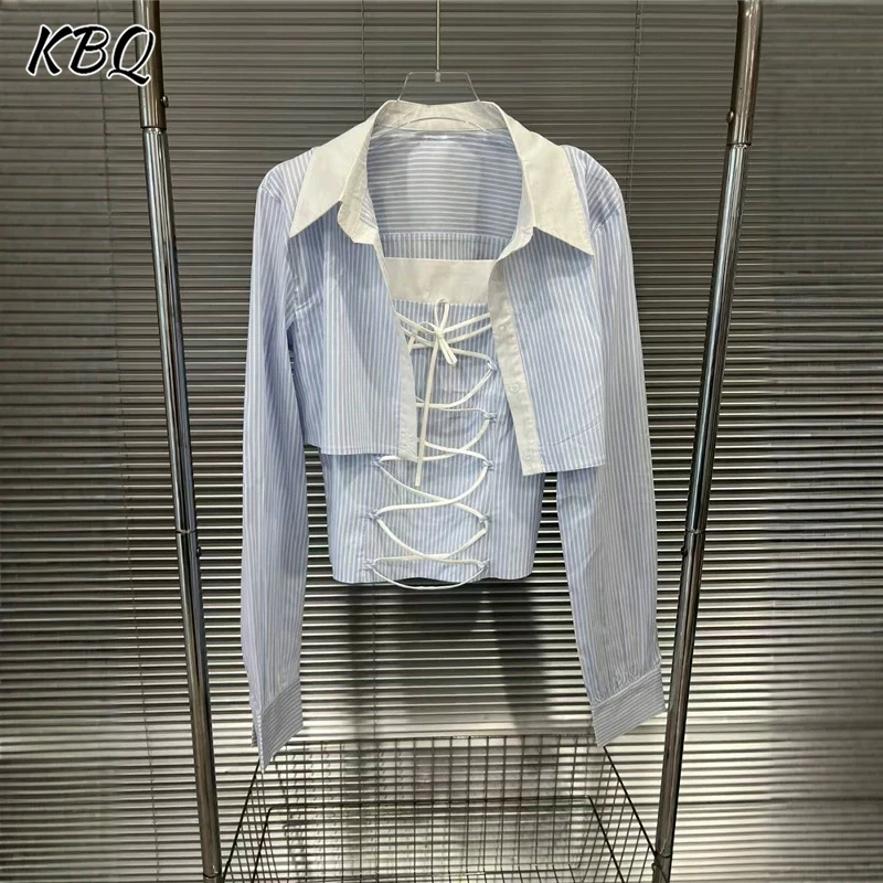

KBQ Stripe Slimming Two Piece Sets for Women Lapel Long Sleeve Short Top Spliced Lace Up Backless Vest American Style Set Female