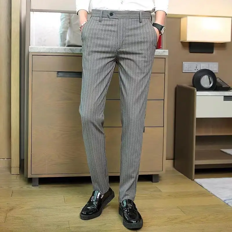 Business Casual Summer New Men's Trousers Patchwork Button Zipper Classic Fashion Formal Slim Drape Striped Pockets Suit Pants