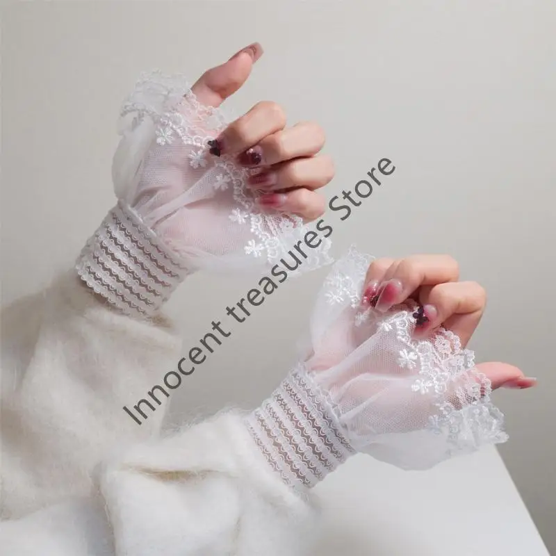 3XUA زوج واحد من أكمام الذراع بطبقة مزدوجة من الدانتيل المطرز بالزهور للنساء مناسبة مادة النايلون المريحة