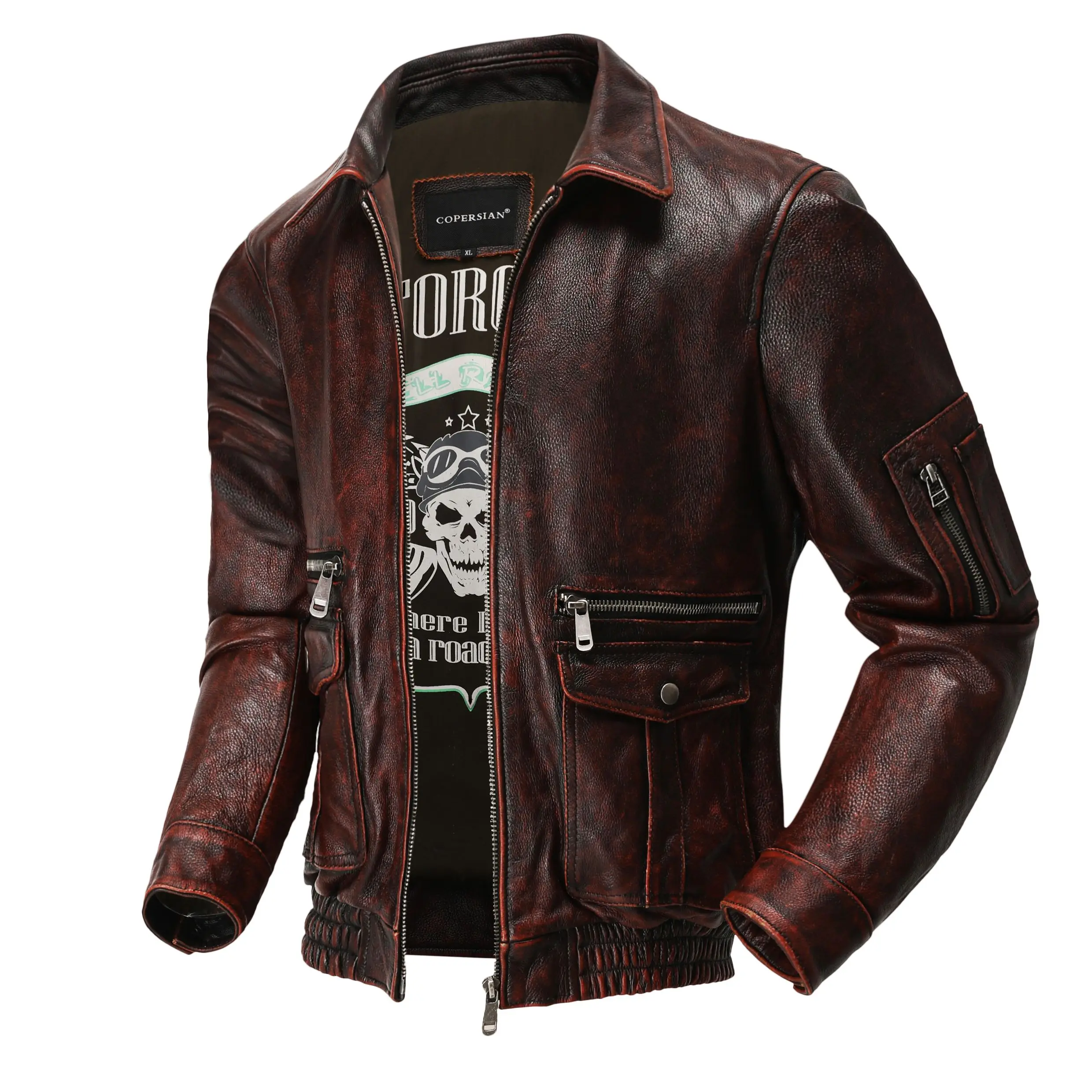 Men Corium  Air force Flight Jacket High Quality Vintage Distressed Top Layer Cowhide Flight Jacket Red Brown Short Moto Jacket