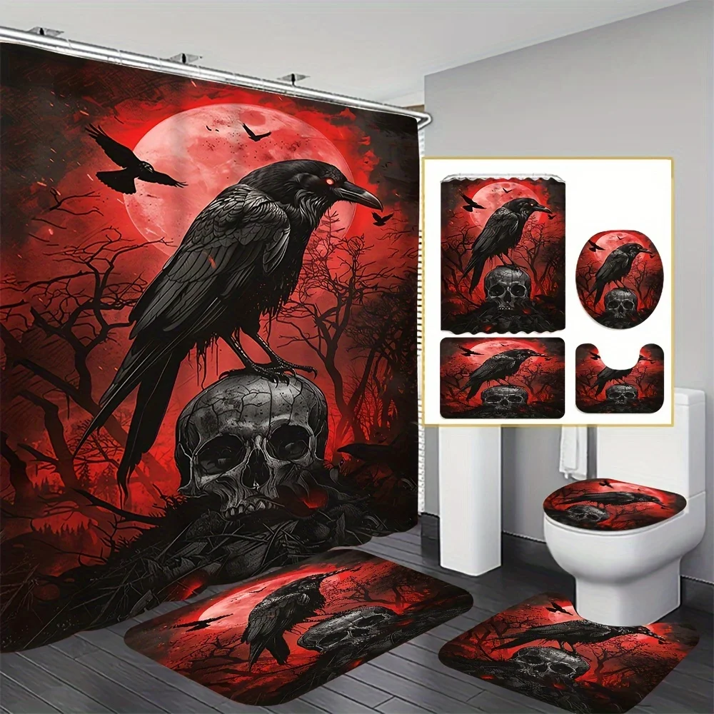 Eerie Gothic Bathroom Four-Piece Set - Dramatic Red Moon and Raven Design for a High-Elegance, Modern Ambiance, Perfect