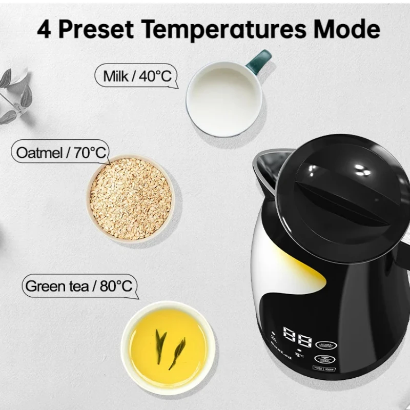 Hervidor eléctrico con Control de temperatura, 2H, mantiene el calor, 1,25 L, apagado automático, Caldera de agua caliente para té y café, acero inoxidable 304 de calidad alimentaria