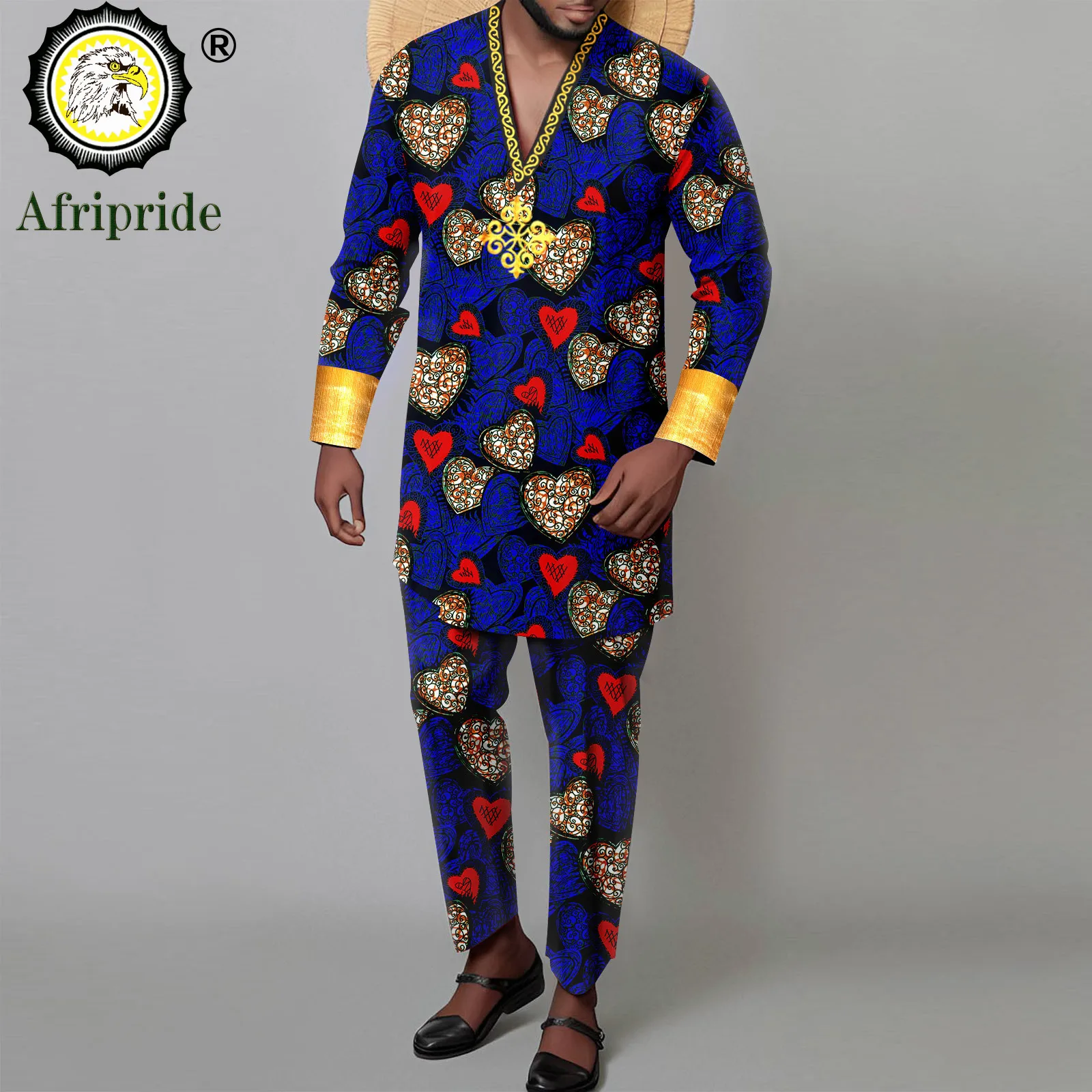 Tracksuit Men African Clothes V-neck Long Sleeve Embroidery Shirts and Pant 2 Piece Set Dashiki Attire Print Outfits A2316033