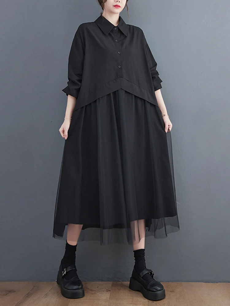 Mesh Patchwork Black Vintage Shirt Dresses For Women New Long Sleeve Loose Casual Midi Dress Elegant Clothing Spring Autumn 2023