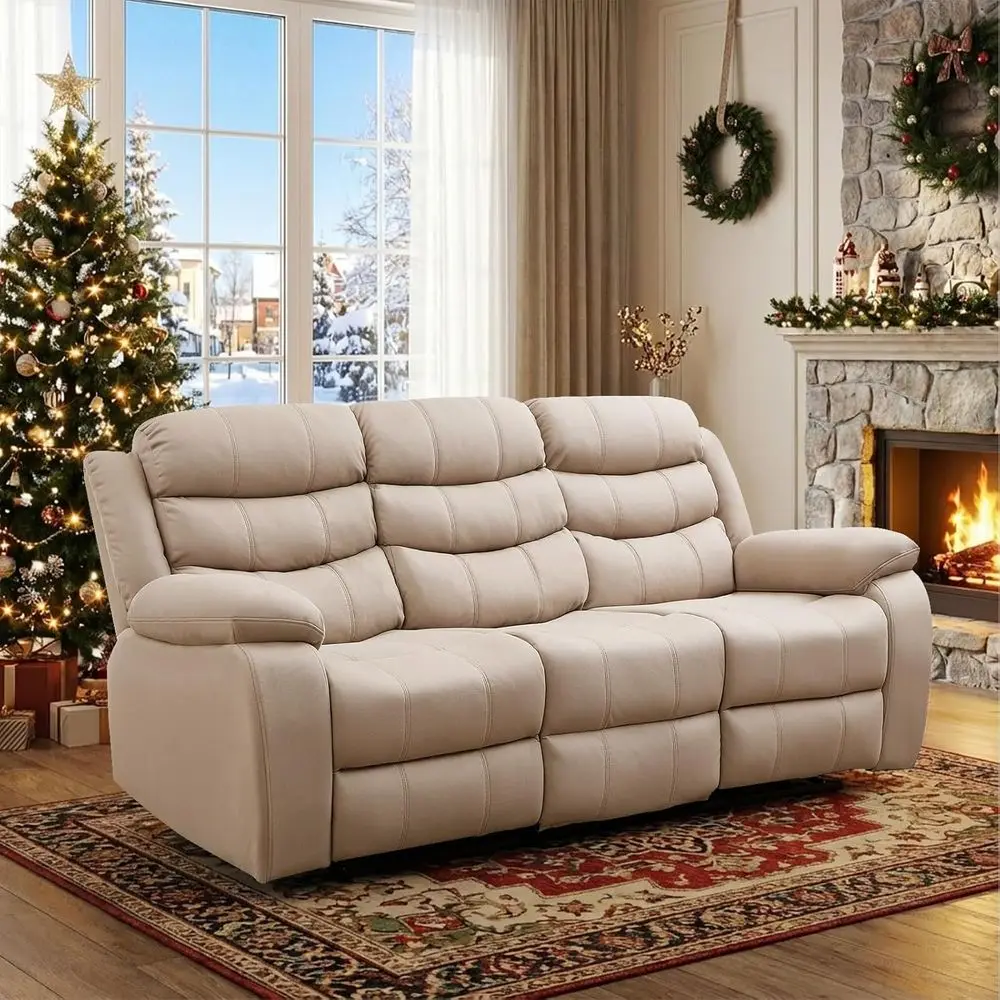 

3 Seater Manual Reclining Sofa with Storage and Cup Holders, Ideal for Living Room/Home Theater, Beige