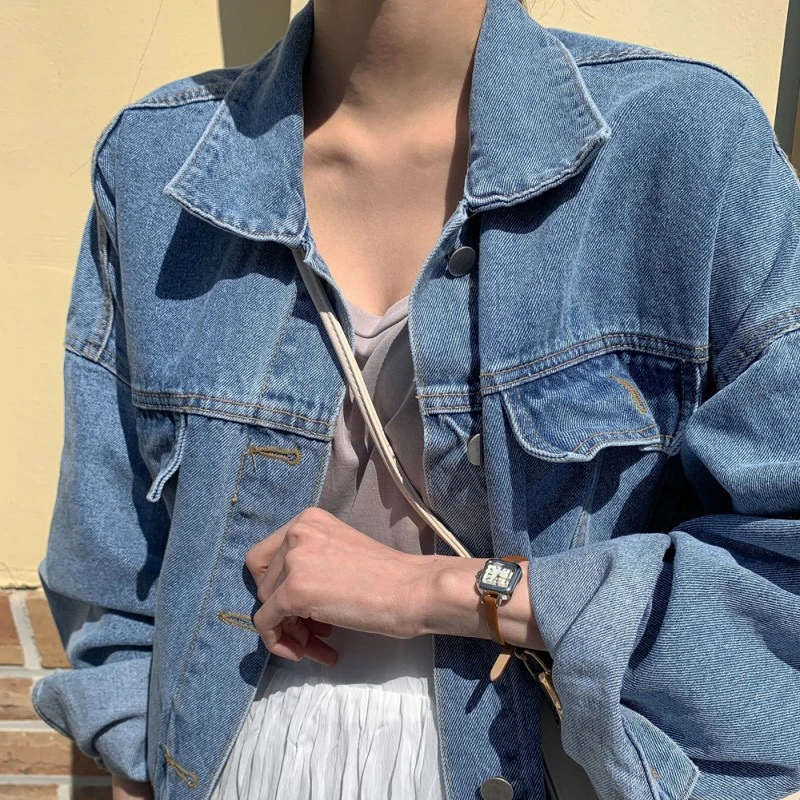 

ort Denim Jaet Women's Spring Korean Sle Long Sve Collar Cotton Pure Color Commute Sle Button Closure