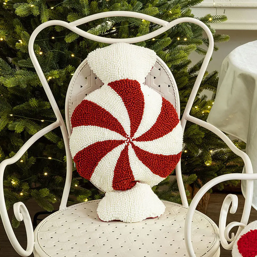 Festive Candy Cane Style Christmas Pillow Sweet Round Shape Decorative Cushion for Couch Bedroom Xmas Home Decor Simulation
