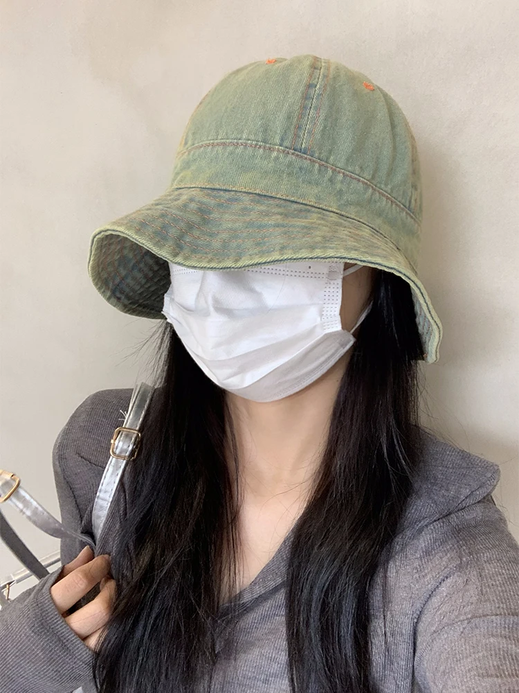 Retro Faded Denim Bucket Hat Women's Summer Thin Sun Protection Versatile Face Covering Wide Brim Hat Face Slimming Effect