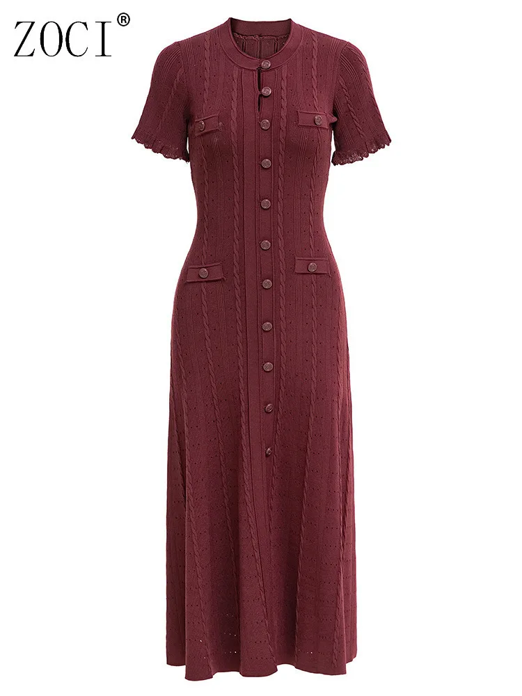 ZOCI فساتين نسائية بأكمام قصيرة مع خيط مجوف صف واحد مشبك ضيق رقبة مستديرة مكتب سيدة 2025 مجموعة ربيع جديدة