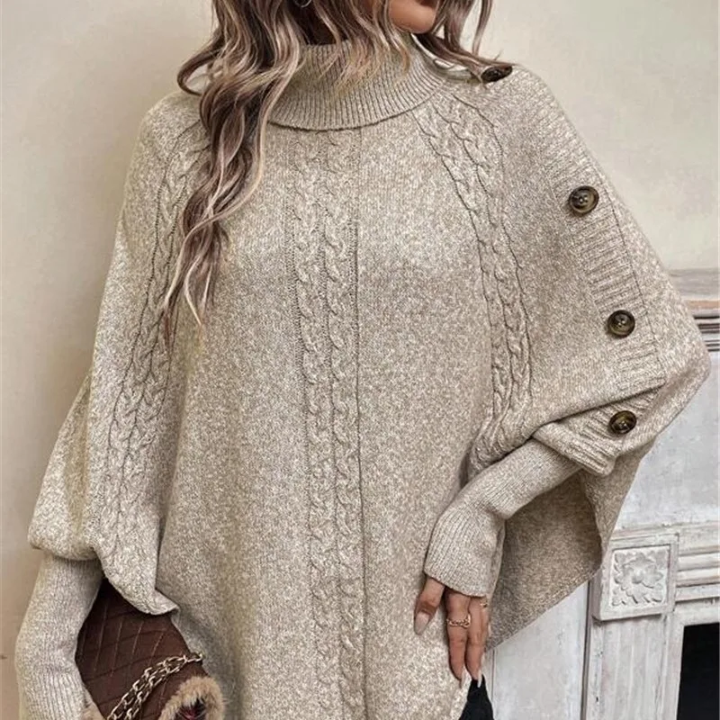 

Autumn Winter Turtleneck Button Decoration Raglan Batwing Sleeve Twisted Sweater Vintage Loose Cloak Knitted Pullover Knitwear