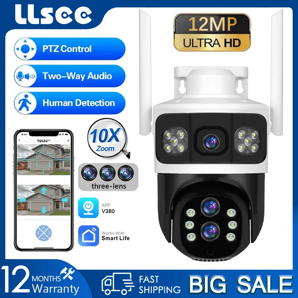 LLSEE 10x optical zoom.12MP.3 lens V380 wireless WIFI connection for mobile phones outdoors IP waterproof camera.360 monitoring