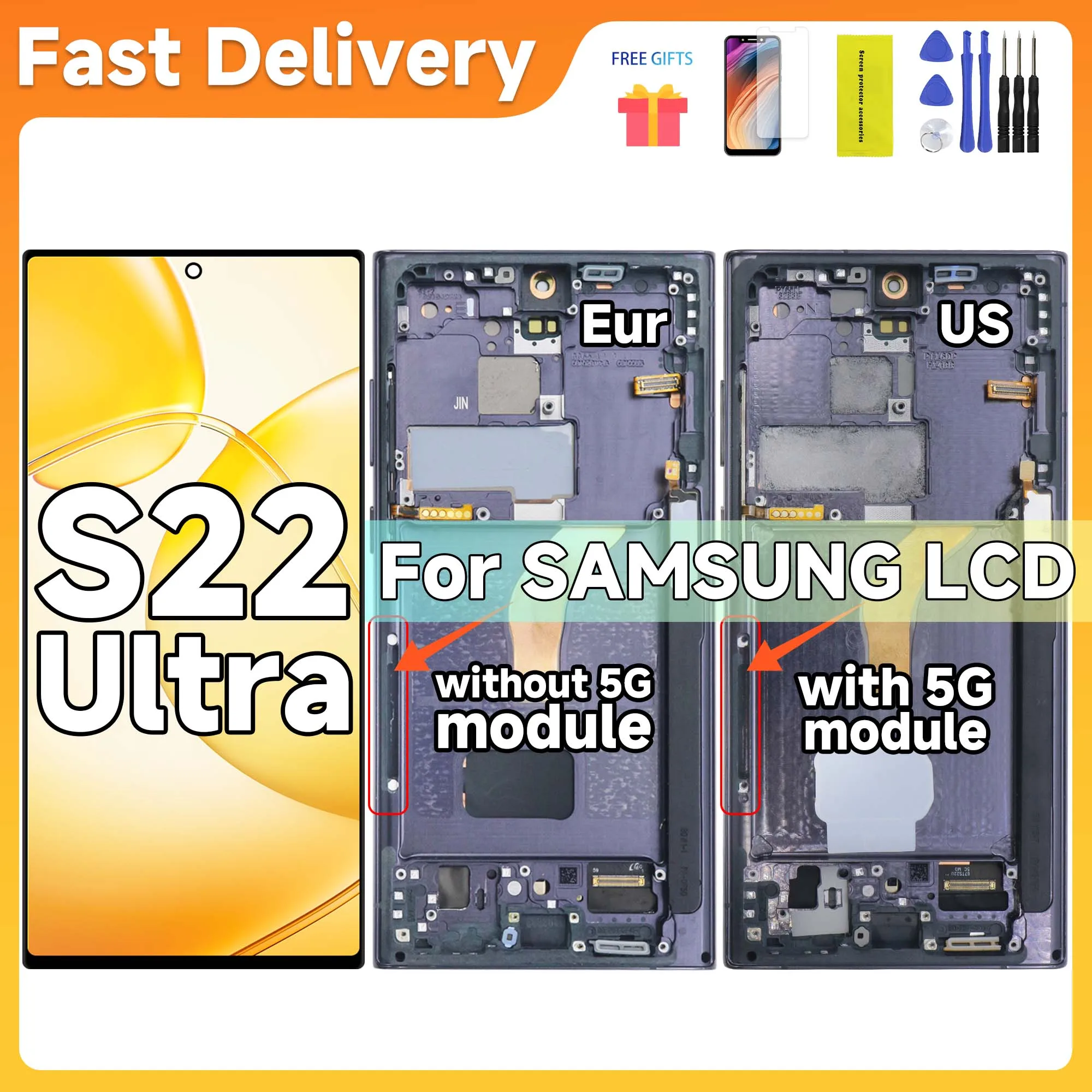 AMOLED For SAMSUNG S22 Ultra 5G SM-S908B/DS S908N LCD Display Touch Screen Digitizer Assembly S22Ultra Display With Frame