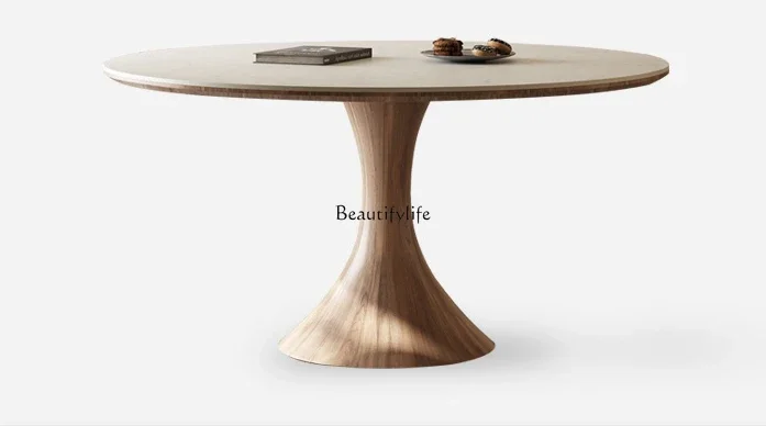 

High-end solid wood rock slab dining table Modern simple round dining table with turntable