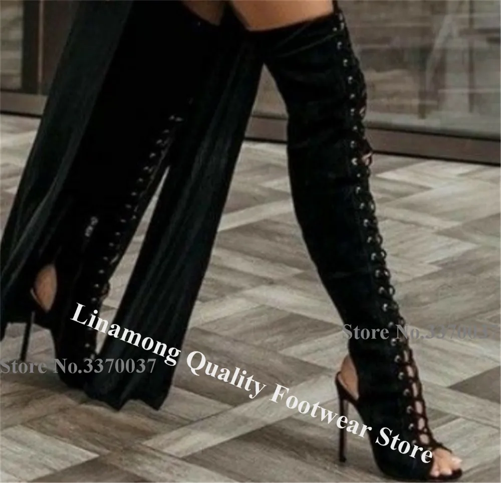 Linamong Black Suede Stiletto Heel Over Knee Gladiator Boots Sexy Peep Toe Cut-out Slim Style Thin Heel Lace-up Long Boots