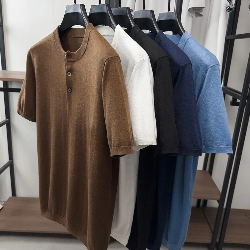 

Henry Collar Knitting Shirt Me's Spring Trendy Buttons Knitwear Short Sleeve Clothes Silk Wool T-shirts PulloverTops