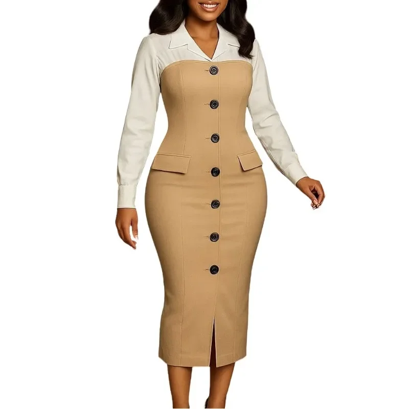 Autumn and winter women's clothing fashionable professional long-sleeved suit collar splicing bag hip pencil dress 2025