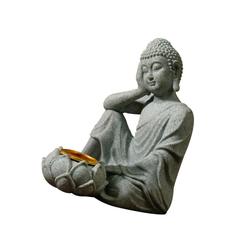 Statuetta in meditazione Scultura in pietra con portacandele Tealight Statua da meditazione Giardino decorazione per