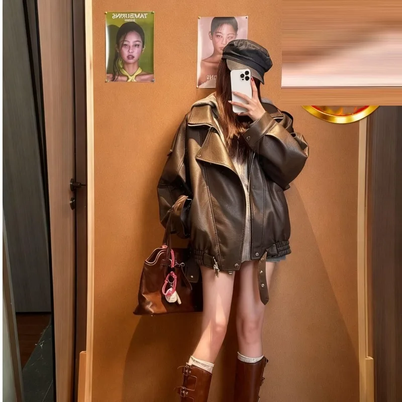 Fleece And Thick Autumn And Winter New Leather Jacket Women's Hong Kong style Versatile Leather Jacket Loose Locomotive Clothes