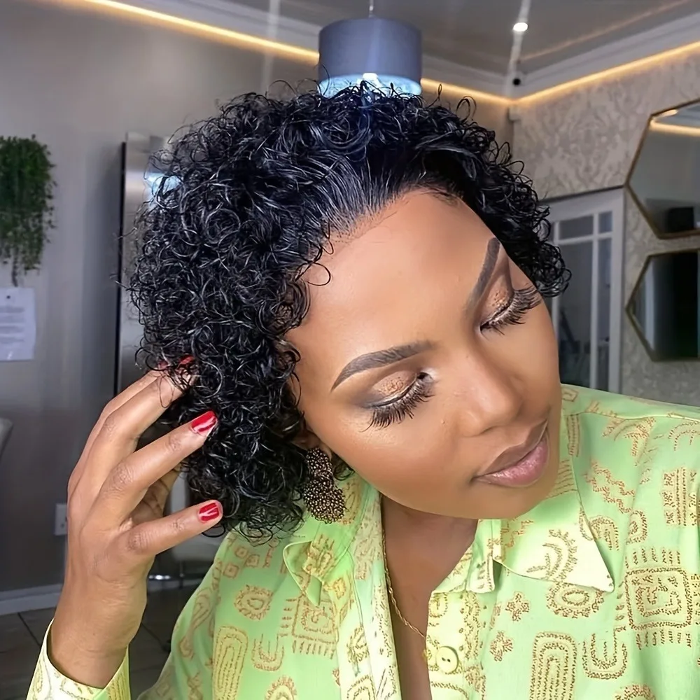 

Парик из натуральных волос Реми для женщин - кудрявый парик пикси-каре с фронтальной кружевной вставкой 13x1, плотность 150%, естественная текстурированная линия роста волос