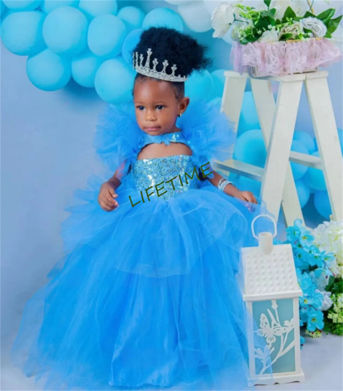 CustomizedBall Gown Flower Girl Dresses Toddlers Tiered Tulle Princess Pageant Dress Kids Puff Sleeves Birthday Party Gowns