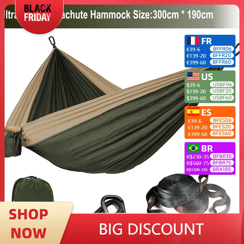 Ultra-light Camping hammocks for outdoor garden swings  hammocks with 210T nylon parachute with adjustable loops hammocks straps