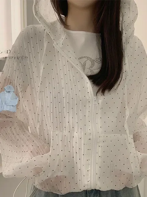 

Chic Polka Dot Women's Lightweight Casual Hooded Zipper Top Sun Protection Faionable Anti-Aging Design Versatile Spring Sum...