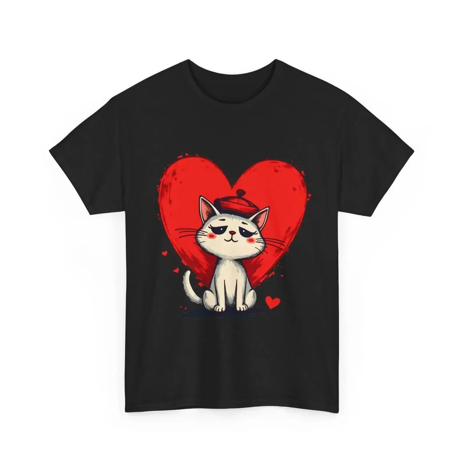Adorable French Cat with Heart T Shirt Whimsical Cute Design Valentine's Day vintage Washed graphic streetwear Versatile
