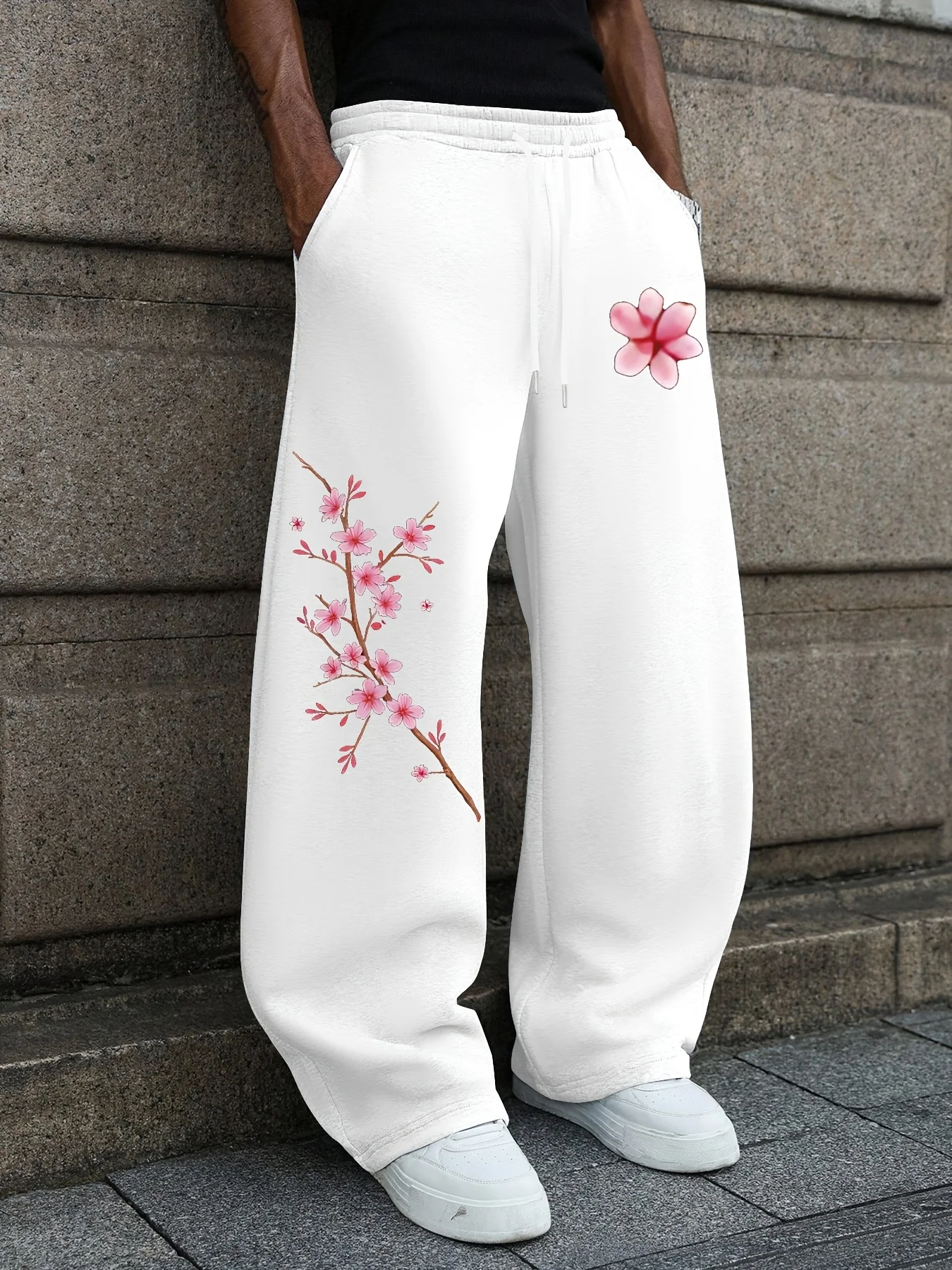 Japanese Romantic Sakura Print Straight Sweatpants Unisex Streetwear Trendy Pants S-3XL