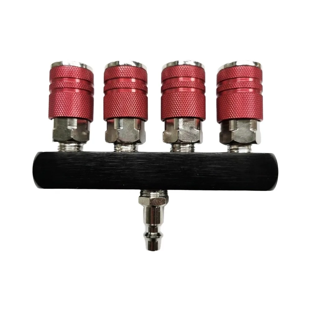Aluminum 4 Way Straight Through Air Manifold 1/4in NPT Inlet and 4 Outlets for Multi Tool Operation Pneumatic Splitter