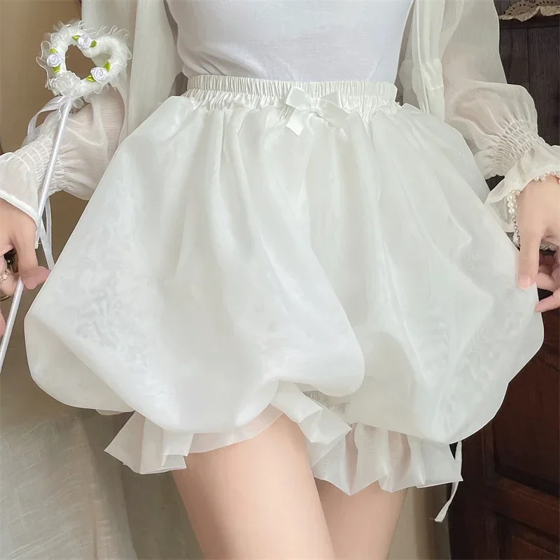 Cute Bloomers Women's Sweet Bow Fluffy Safety Shorts Harajuku Solid Color Ruffles Pumpkin Shorts Japanes Kawaii Lolita Style