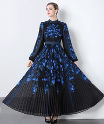 Luxury Elegant Women Maxi Floral Dress Summer Vacation Runway Long Sleeve Print Beach Crystal Beading Pleated Chiffon Dresses