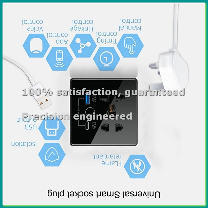 

Tuya Smart Socket with TypeC+USB Fast Charging Remote Timing Socket WiFi Smart British Standard 86-Type Socket B-BCBW