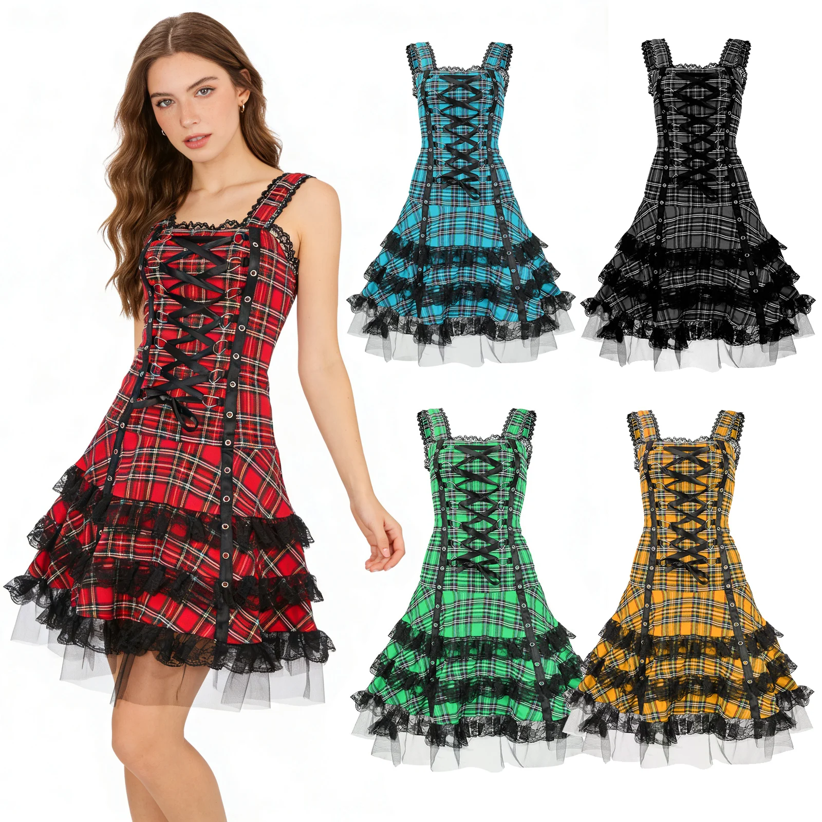 

Gothic Cross Lace Up Mini Dress Medieval Renaissance Gothic Lace Trim Party Dress Cosplay Costume