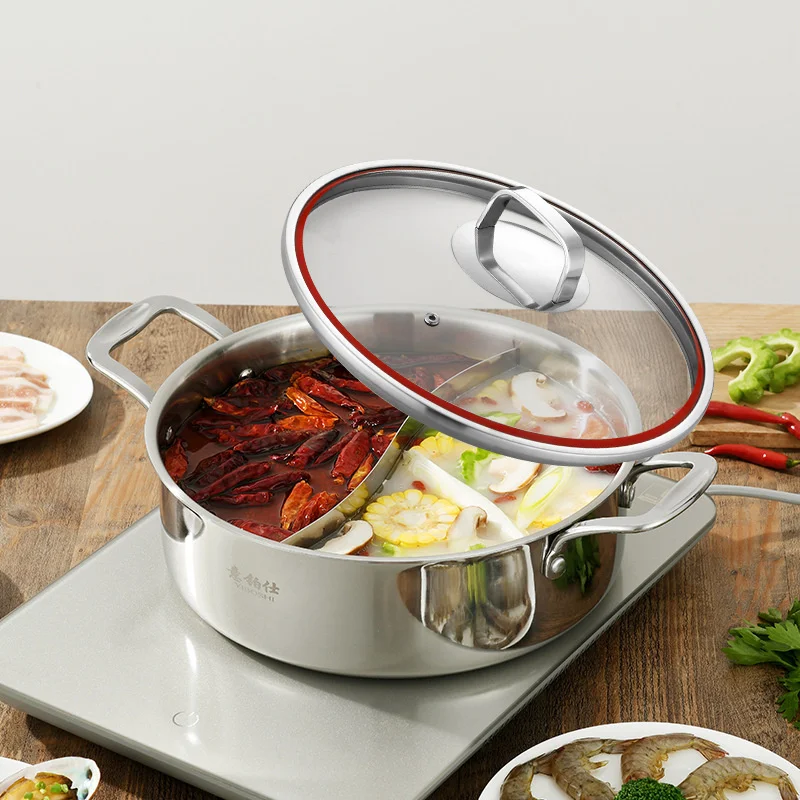 

Кастрюля из нержавеющей стали большой емкости, разделенная томатная кастрюля с двумя вкусами, совместимая со всеми типами печей