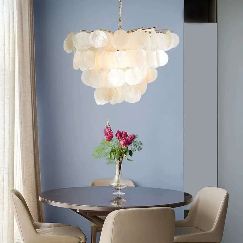 Modern Natural Capiz Shell Chandelier Gold Frame Tiered Hanging Pendant Light Bohemian Coastal Style LED Lamp for Living Room