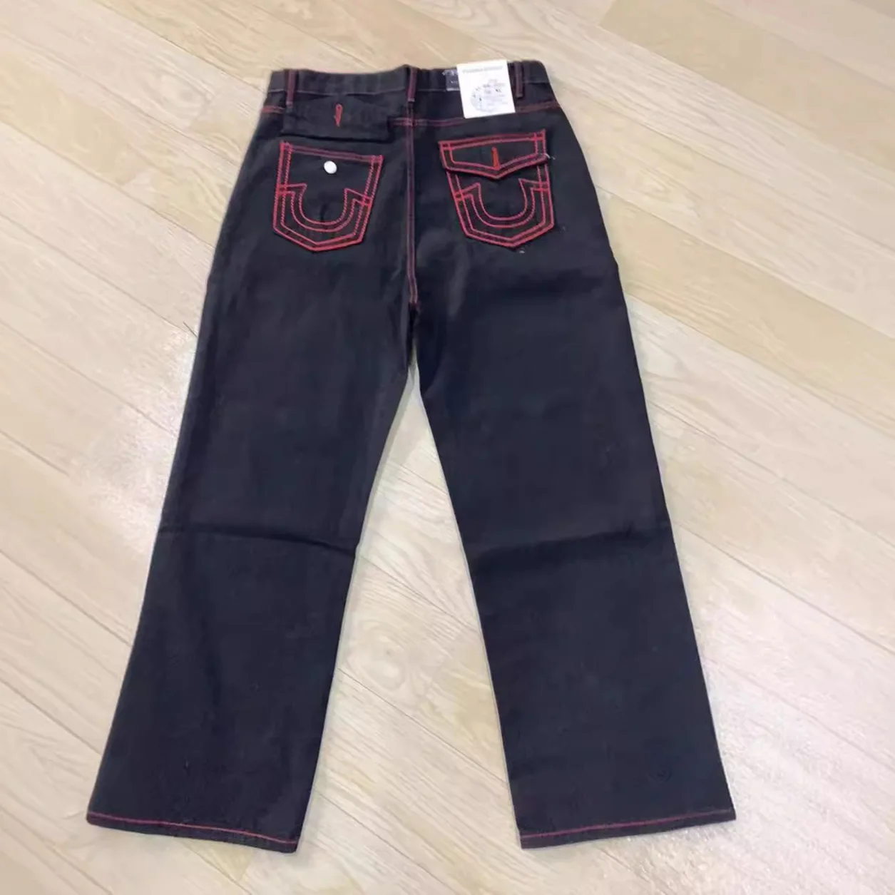 

American style trendy jeans men religious Buddha loose denim pants thick line straight leg casual high street jeans men clothing