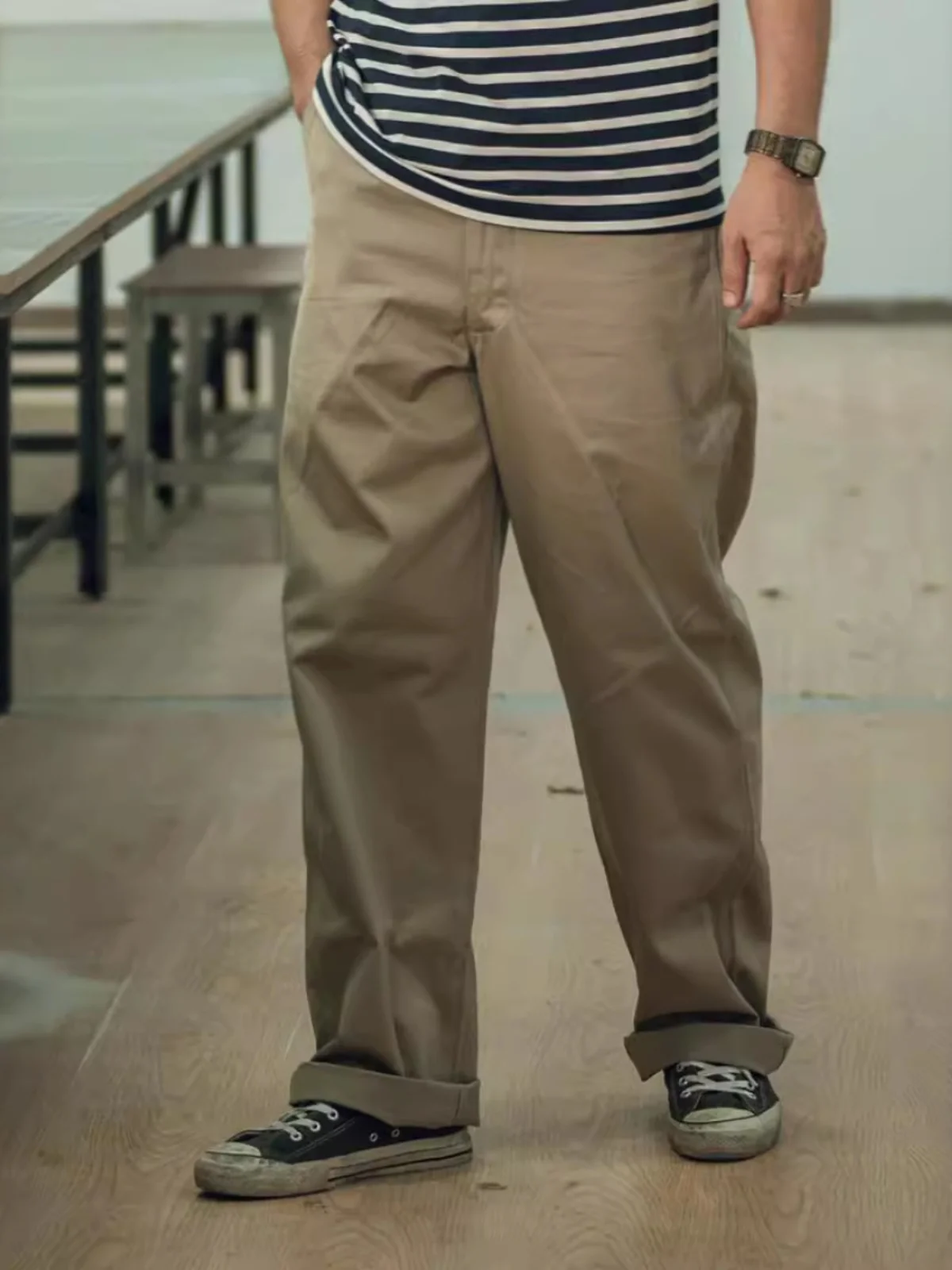 Plones Casus de Pierna Recta Hoados para Hombre Qingtian, Cintura Alta, Estampado Diagonal, Color Caqui, Sin Necesid...