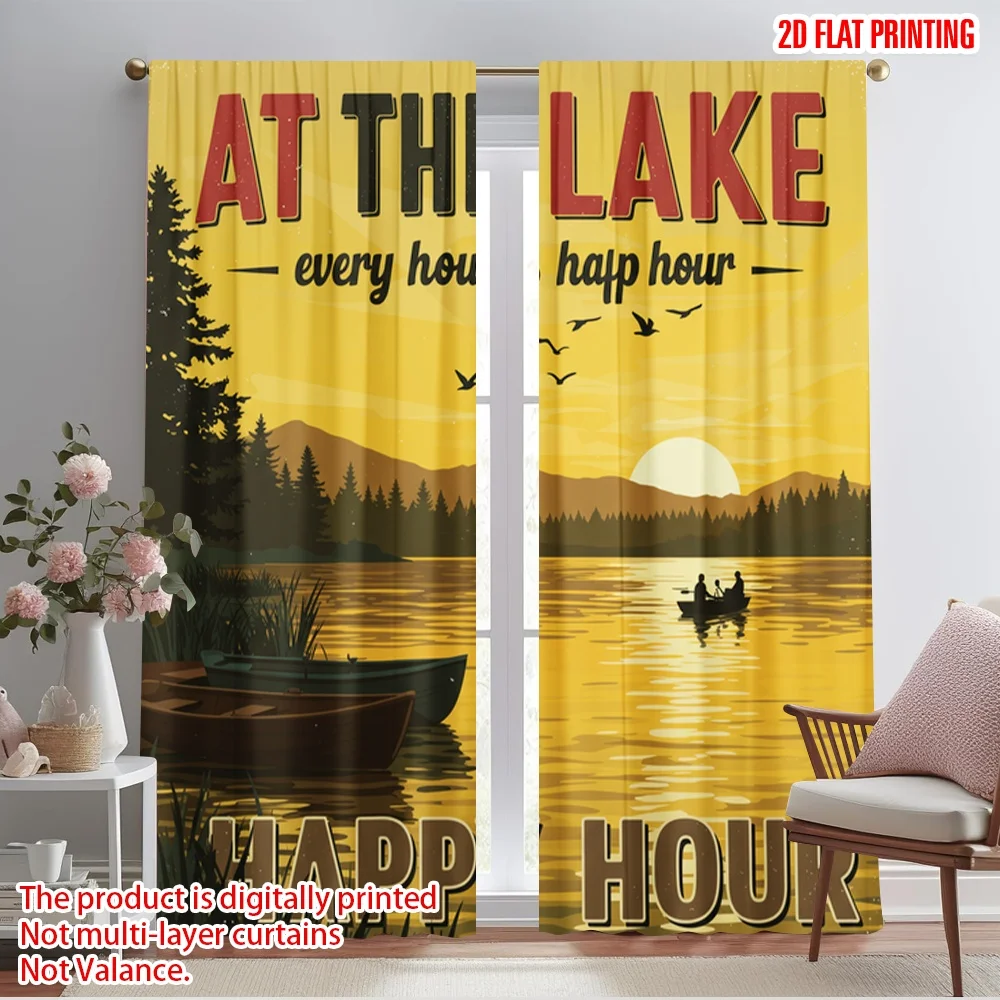 

2pcs 2D flat printing Window Curtains AT THE LAKE Every Hour Happy Hour 100% Polyester Without Electricity Holiday Decorations