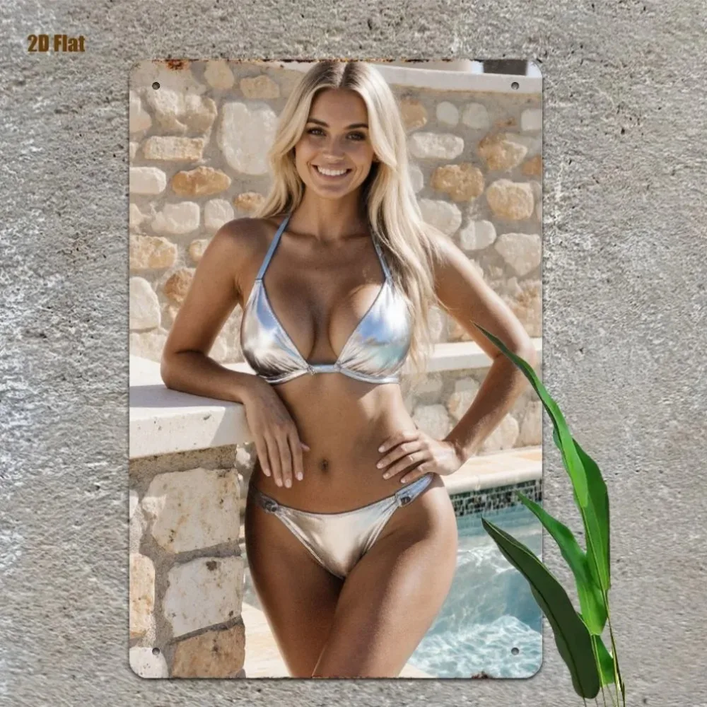 Vintage Metal Bikini Girl Wall Art Frameless 2D Sign Decor for Bathroom Living Room Patio
